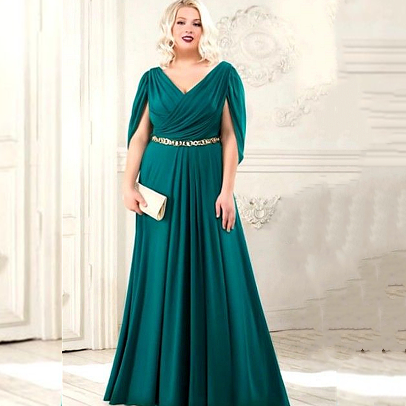Plus Size Green Mother Of The Bride Dresses V-Neck A-Line Floor Length Wedding Party Guest Gowns Short Sleeves Long Satin Groom Mom Prom Evening Wea