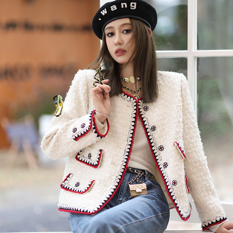

Women' Jackets Designer Luxury Tweed Patchwork White Short Jacket Coat Autumn Winter Woolen Single Breasted Weave Pocket Outerwear Female, Picture color