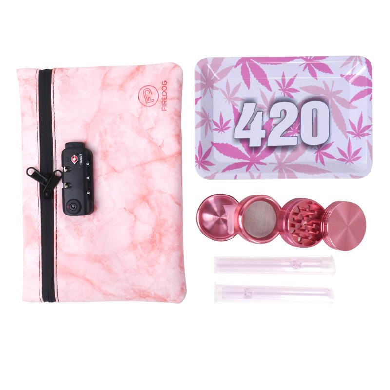 

Tobacco Accessories Pink Set Kit Leather Tobacco Storage Bag With Lock Herb Grinder Rolling Tray Glass Filter Nozzle