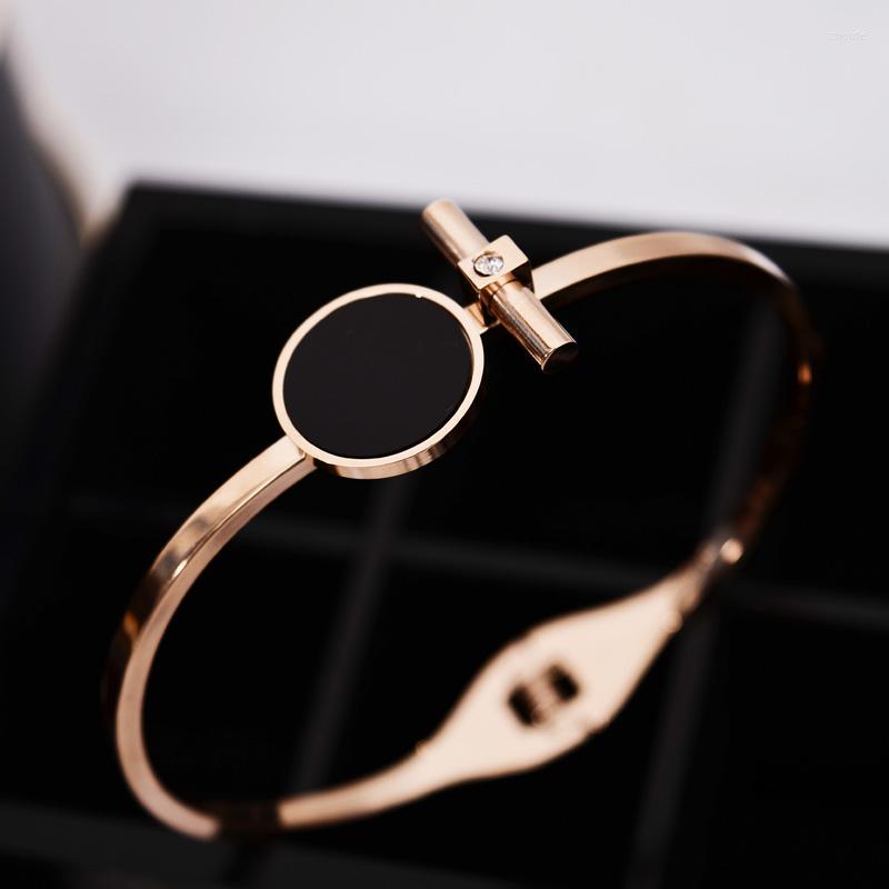 

Bangle YUN RUO Woman Personality Black Round Bangles Rose Gold Color 316 L Stainless Steel Valentine's Girlfriend Gift Never Fade 2023