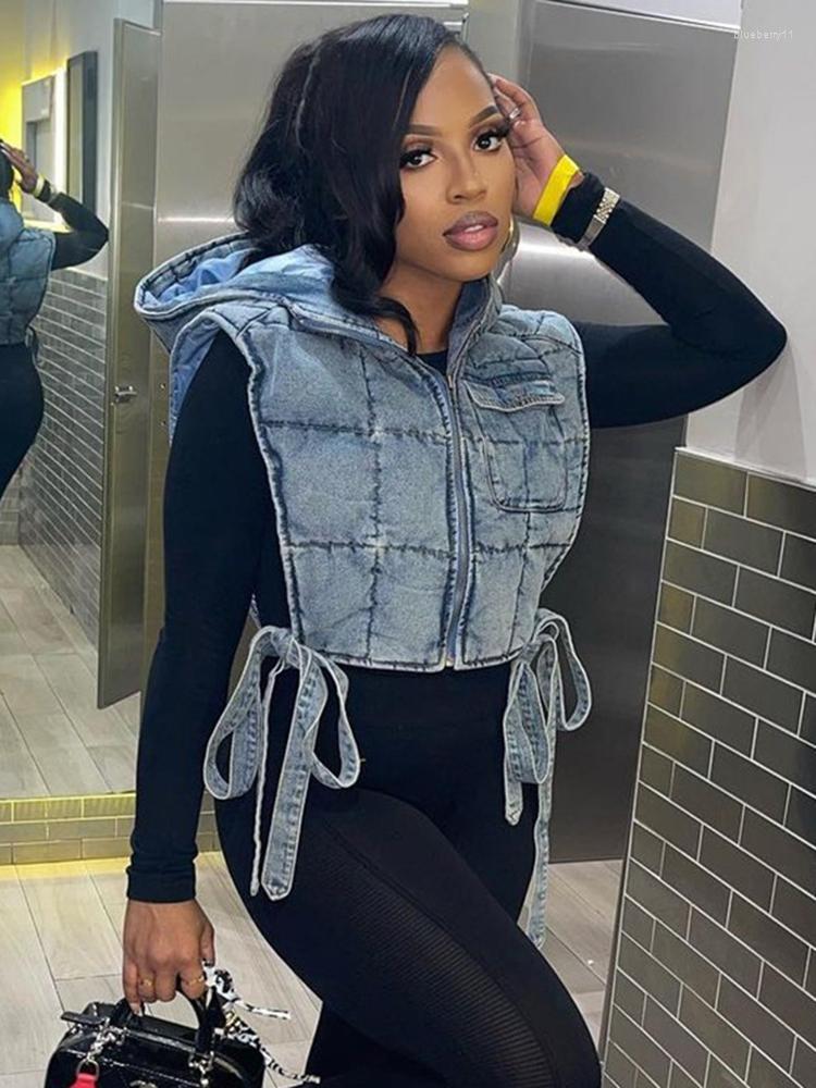 

Women' Vests Sifreyr Y2K Denim Quilted Cargo Waistcoat Women Fashion Zipper Sleeveless Hooded Puffer Jacket Vest Hollow Bandage Cropped, Light blue