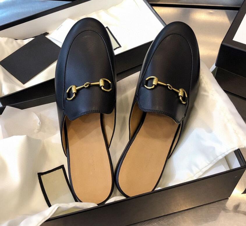 

Mules Leather Slipper Round Toe Loafer Backless Genuine Leather Woman Man White Black Metal Buckle Designer Women's Flat Slippers 35- No Box, Yellow leather
