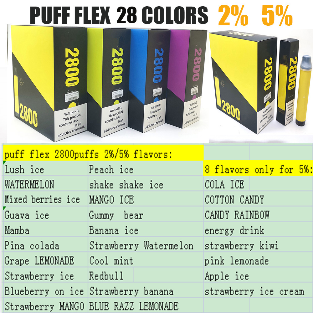 

Puff Flex 2800puffs Disposable E cigarettes 2800 Puffs Vape 8ml Vaporizer Stick Vapor Kit 2% 5% Pre Filled Cartridge Device Elux 28 Colors