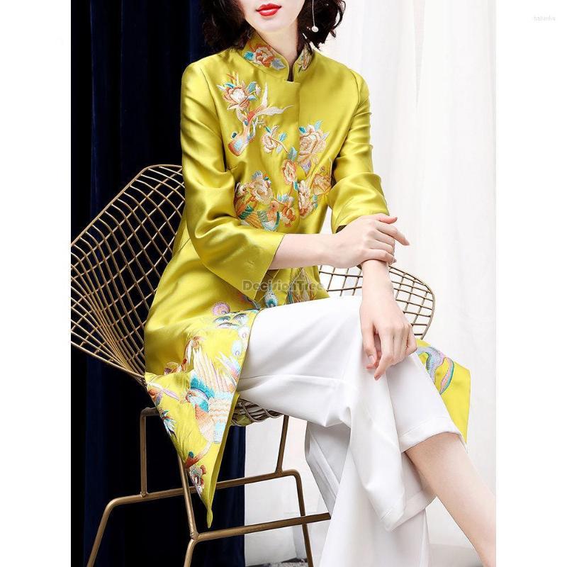 

Ethnic Clothing 2023 Chinese Style Traditional Top Floral Printing Long Qipao Coat Oriental Vintage Tangsuit Elegant Party Festival A424