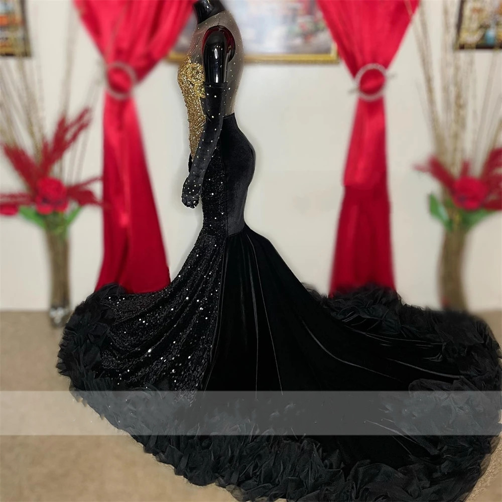 2023 Sexy Sheer O Neck Long Prom Dress For Black Girls Beaded Birthday Party Gowns PLus Size Ruffles Mermaid Evening Dresses
