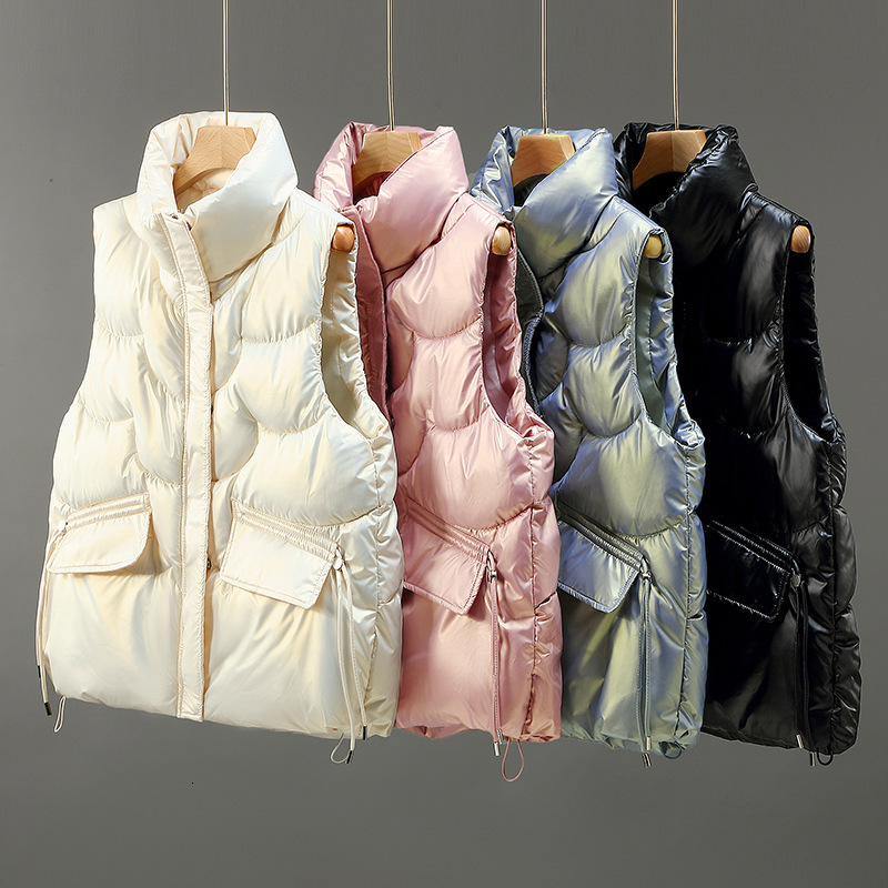 

Women s Vest Stand Collar Short Bright Color Cotton Padded Jacket Sleeveless Female Winter Waistcoat Outer Wear Coat Vest 230208