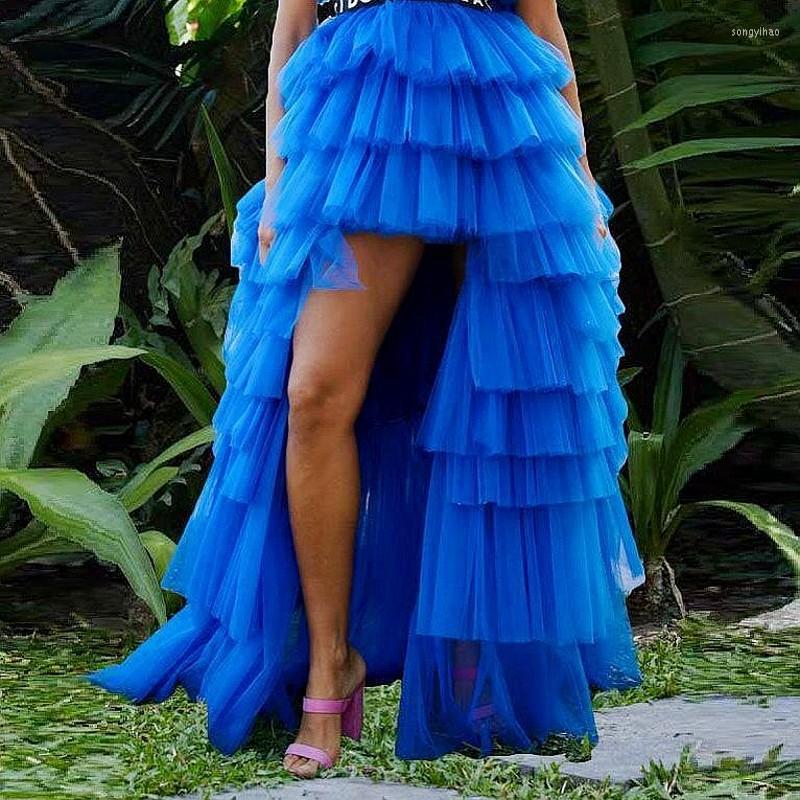 

Skirts Blue Cack High Low Tulle Women Skirt Tiered Puffy Elastic Waist Streetwear Party For Christmas Po Shoot, Beige