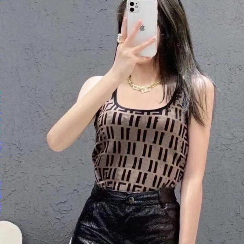 Women T Shirts High-quality Women's Knits designer retro U-neck FF letter jacquard knitted slim-fit camisole Size S-L Lwbru