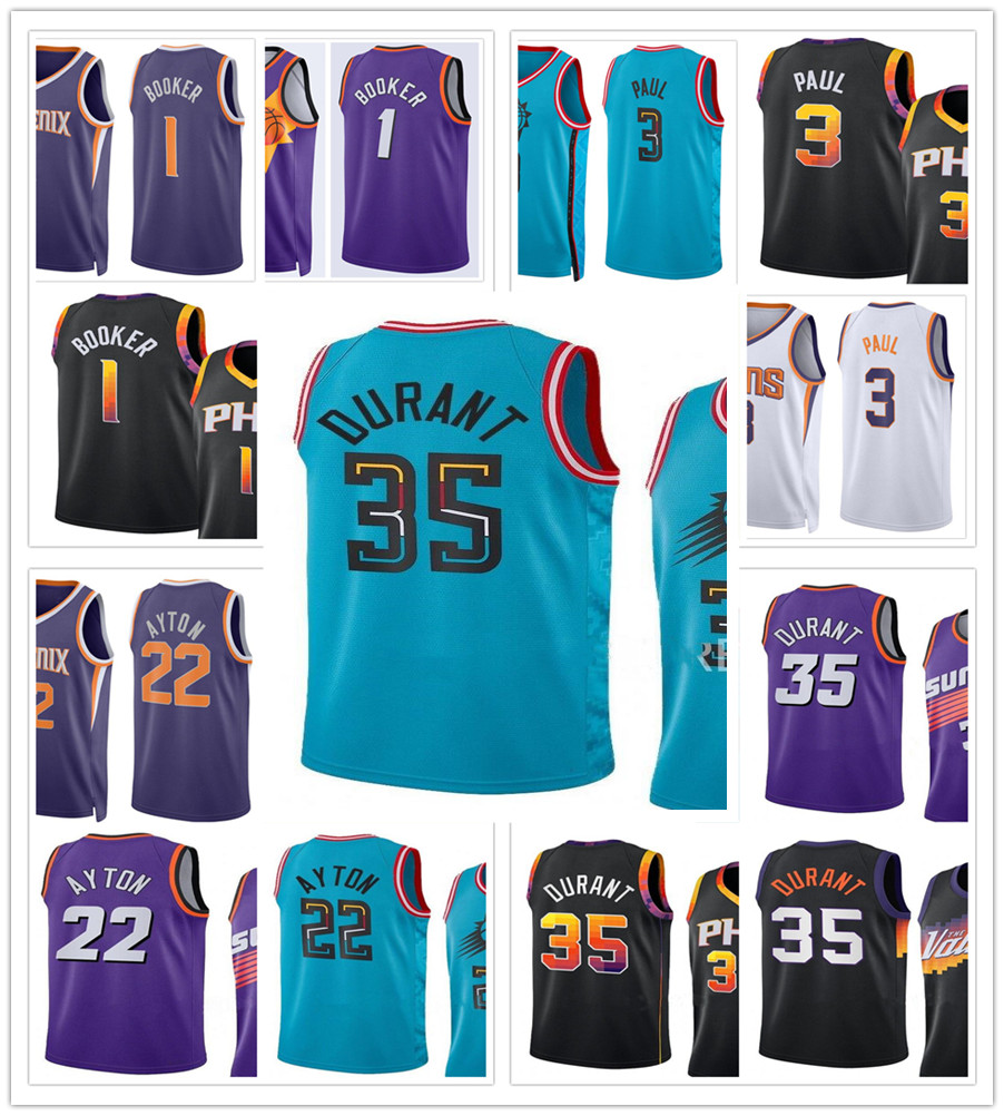

2022-23 City Turquoise Basketball 35 Kevin Durant Jerseys Chris Paul 3 Devin Booker 1 Deandre Ayton 22 Purple White Black Edition Mens Women Kids Youth