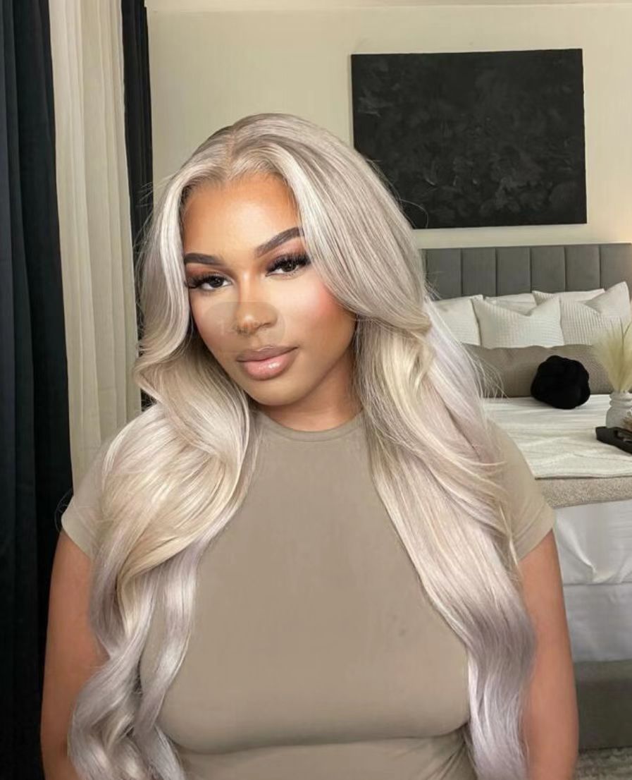 

Ombre Ash Blonde Wavy Human Hair Wig Highlight 613 Body Wave 13X4 Lace Front Wigs With Dark Roots, Customize