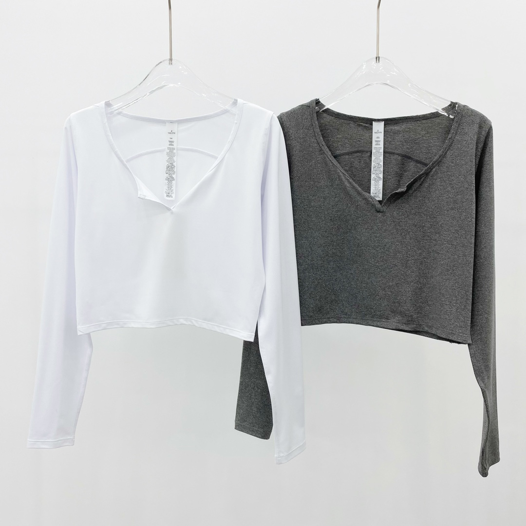 

lu yoga 2022 autumn women's sweatshirt short style crop long sleeve leggings V-neck slim Yoga thin T-shirt, Grey