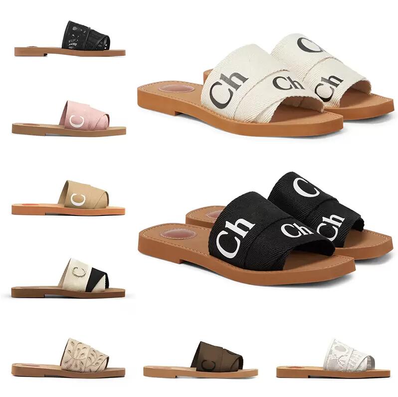 

designer Woody sandals for women Mules flat slides Light tan beige white black pink lace Lettering Fabric canvas slippers womens summer outdoor shoes 35-42 no box