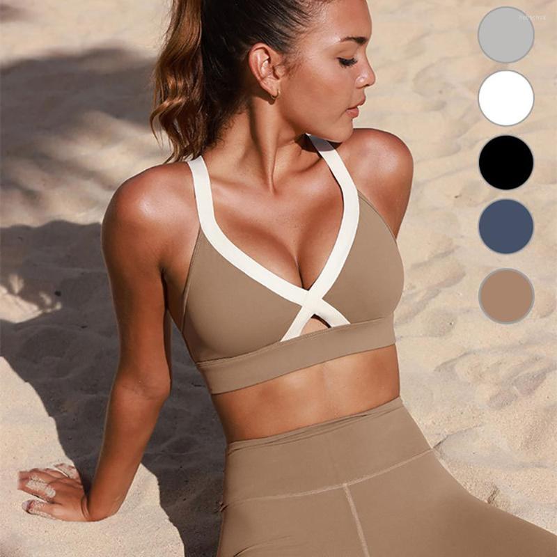 

Yoga Outfit Women' Sports Bra Tight Elastic Gym Bralette Crop Top Summer Sexy V-neck Shockproof Gather Stereotyped Fitness Vest, White