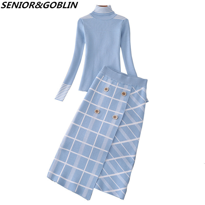 Two Piece Dress Autumn Top Brand Designer Lady Twinset Women Sweater Skirt Set Winter High Neck Knitted TopPlaid Suit Sets 230209