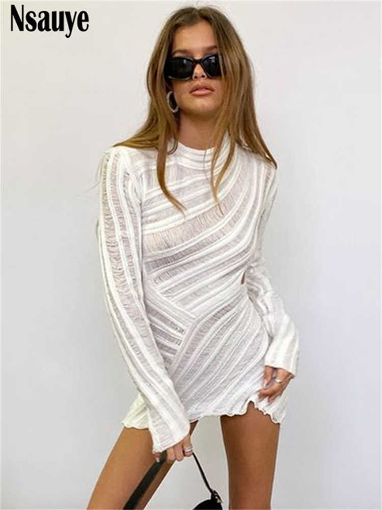 Robes décontractées Nsauye 2022 Été Automne Tricoté Pull rayé Voir à travers manches longues Mini Wrap Sexy Club Creux Out Y2302