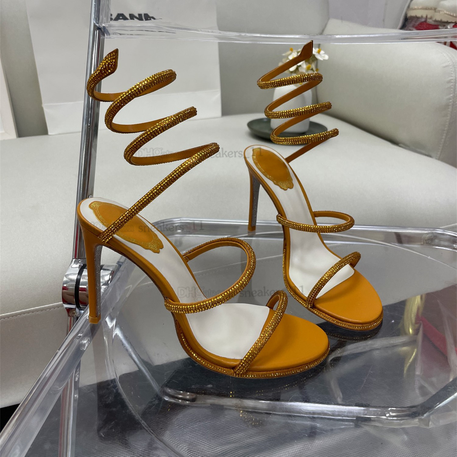 

Rhinestone Snake Strass stiletto sandals Rene Caovilla Cleo 95mm Evening shoes women's high heels Ankle Wraparound luxury designer factory shoe With box, 34
