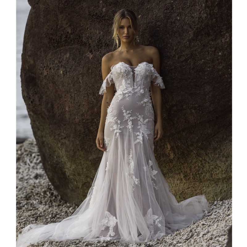 2023 Mermaid Wedding Dresses Off-shouder V-neck Custom made Appliques Sweep Train White Ivory Bridal Gowns-image-840423433