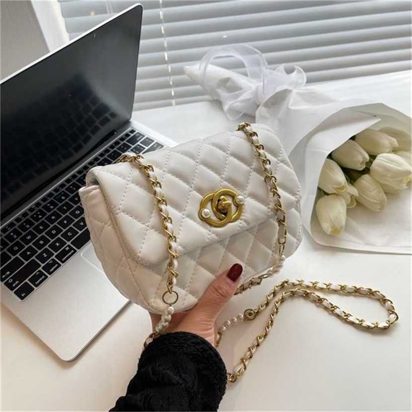 

30% OFF Handbag High quality 2023 new bag Lingge embroidered thread women's summer texture messenger pearl chain small square, White7