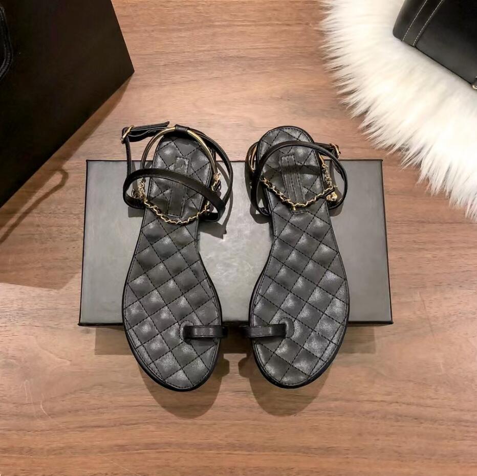 

Designer brand Sandal Womens Fashion Flat Bottom Shoes Rhombus Lattice Leather Leisure Sandbeach Shoe Sandals simple Pure Color Sexy Chain Sandal, Black