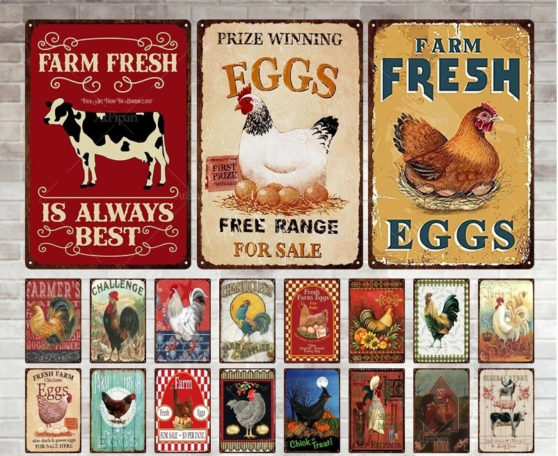 

Fresh Eggs Metal Tin Sign Vintage Plaque Metal Plate Sign Iron Painting Retro Poster Wall Stickers Happy Chicken Home Decoration 20x30cm Woo