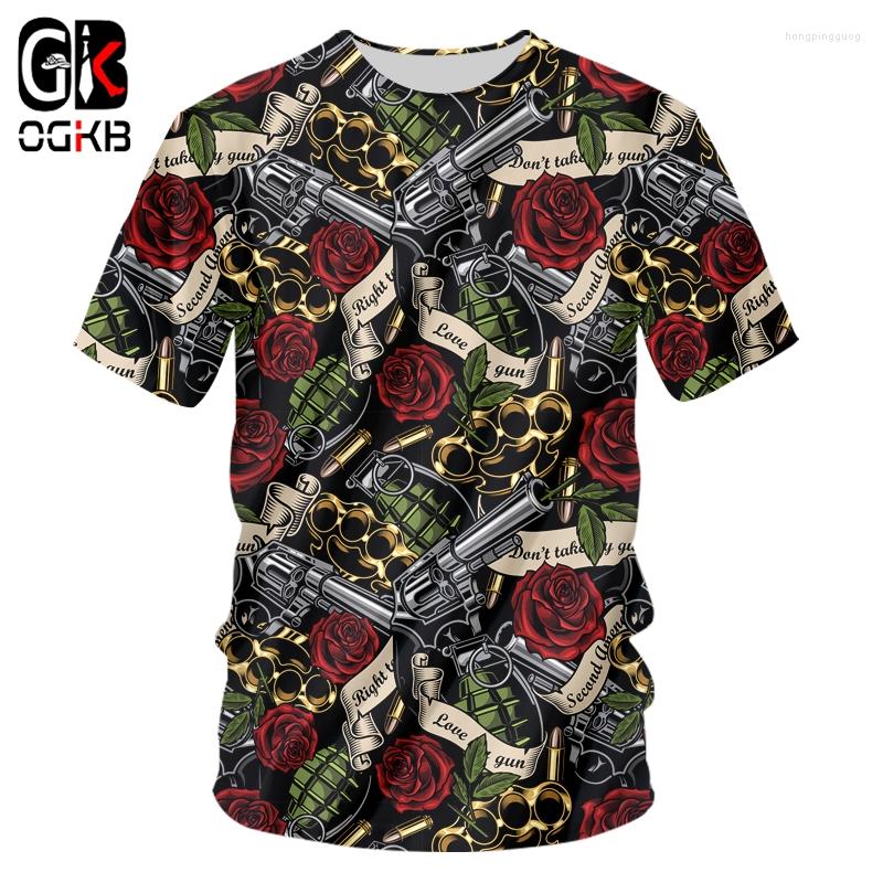 

Men's T Shirts OGKB 3D Gun And Red Rose Printed Tshirt Men's O-neck Summer Quality Terror Short Sleeve Hip Hop Harajuku Top Drop Ship