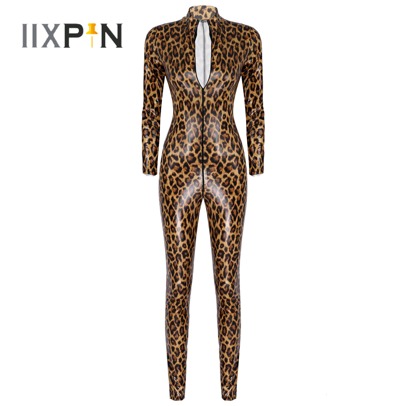 

Women' Jumpsuits Rompers Womens Leopard Print Bodysuit Patent Leather Rave Bar Catsuit Clubwear Stand Collar Zipper Leotard Slim Fit Fashion Jumpsuit 230210, Brown