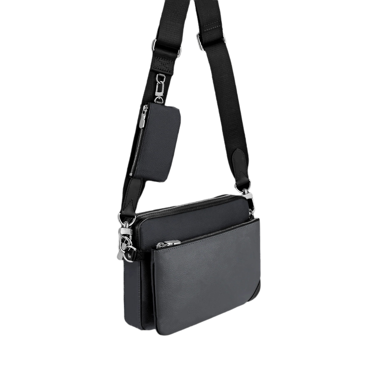 

luxury men Bags TRIO desinger mens cross body Messenger Bags Eclipse Reverse Canvas 3 Piece Set Leather Shoulder Bag With Purse Wallet Clutch 69443, Grey