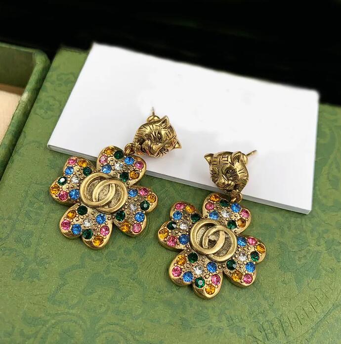 

2023 New Charm Earrings Fashion Light Luxury Brand Designer Vintage Leopard Head Colorful Diamond Petal Earring Wedding Party High Quality Jewelry with Box