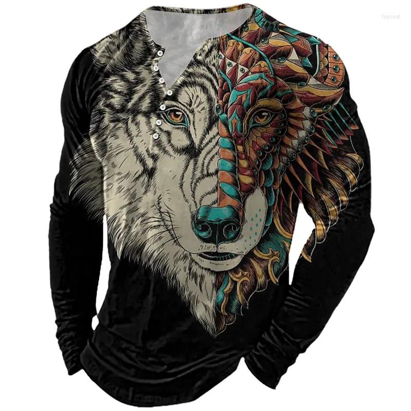

Men's T Shirts Lion Henley Men's Shirt Vintage Long Sleeved Button Graphic For Men Street Casual Fashion Male Clothes Cotton Tshirt, J01-wj012704