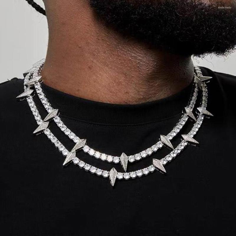 

Chains Hip Hop Iced Out Spike Pendant Necklace With 5mm Tennis Chain Bling 5A Cubic Zirconia Gold Silver Color Charms Jewelry