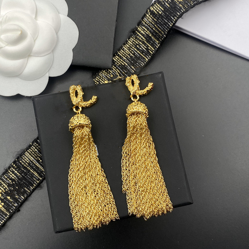 

With BOX Clasic Tassels Women Stud Gold Plated Titanium Studs Earrings Never Fade Street Fashion Jewelry For Girls Earring