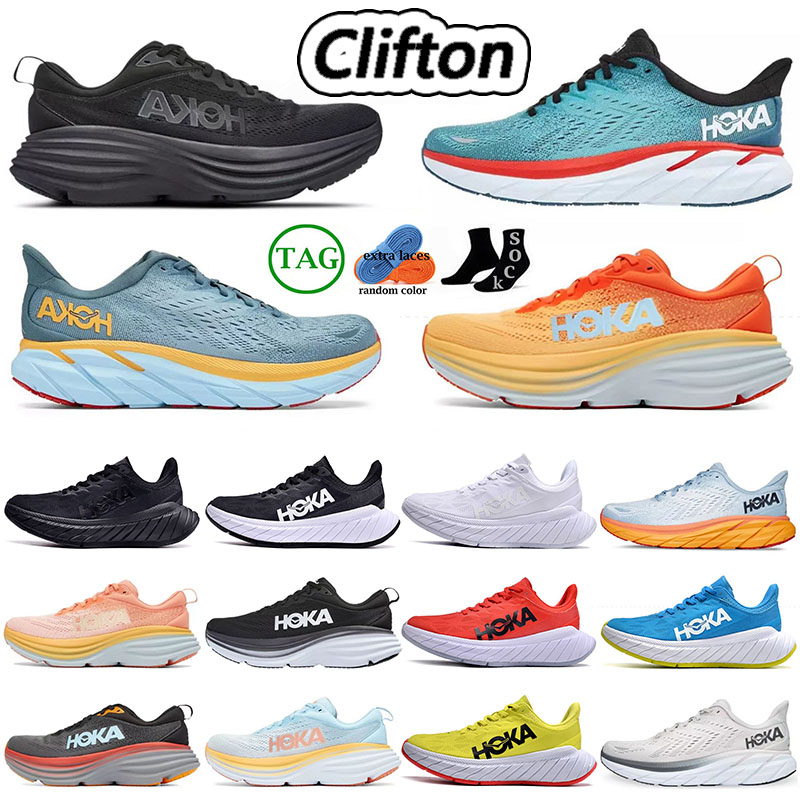 2023 HOKA ONE Bondi 8 Running Shoe tripe black white shark skin harbor mist goblin blue fog landscape painting nimbus cloud hot coral Designer Women