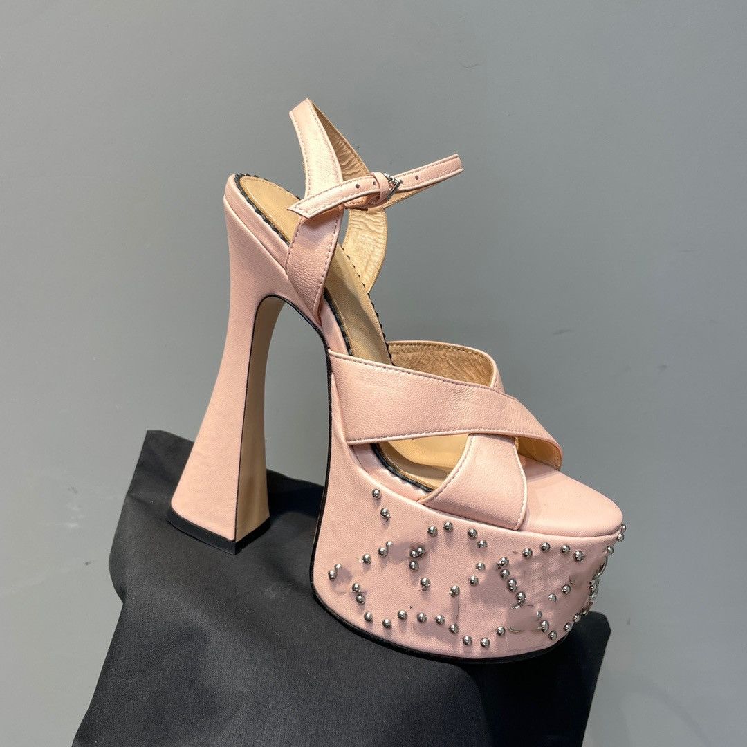 

23ss Designer 15.5cm high sandals metal letter print women's high heel sandals luxury leather simple women's waterproof table comfortable sandals fashion, Brown