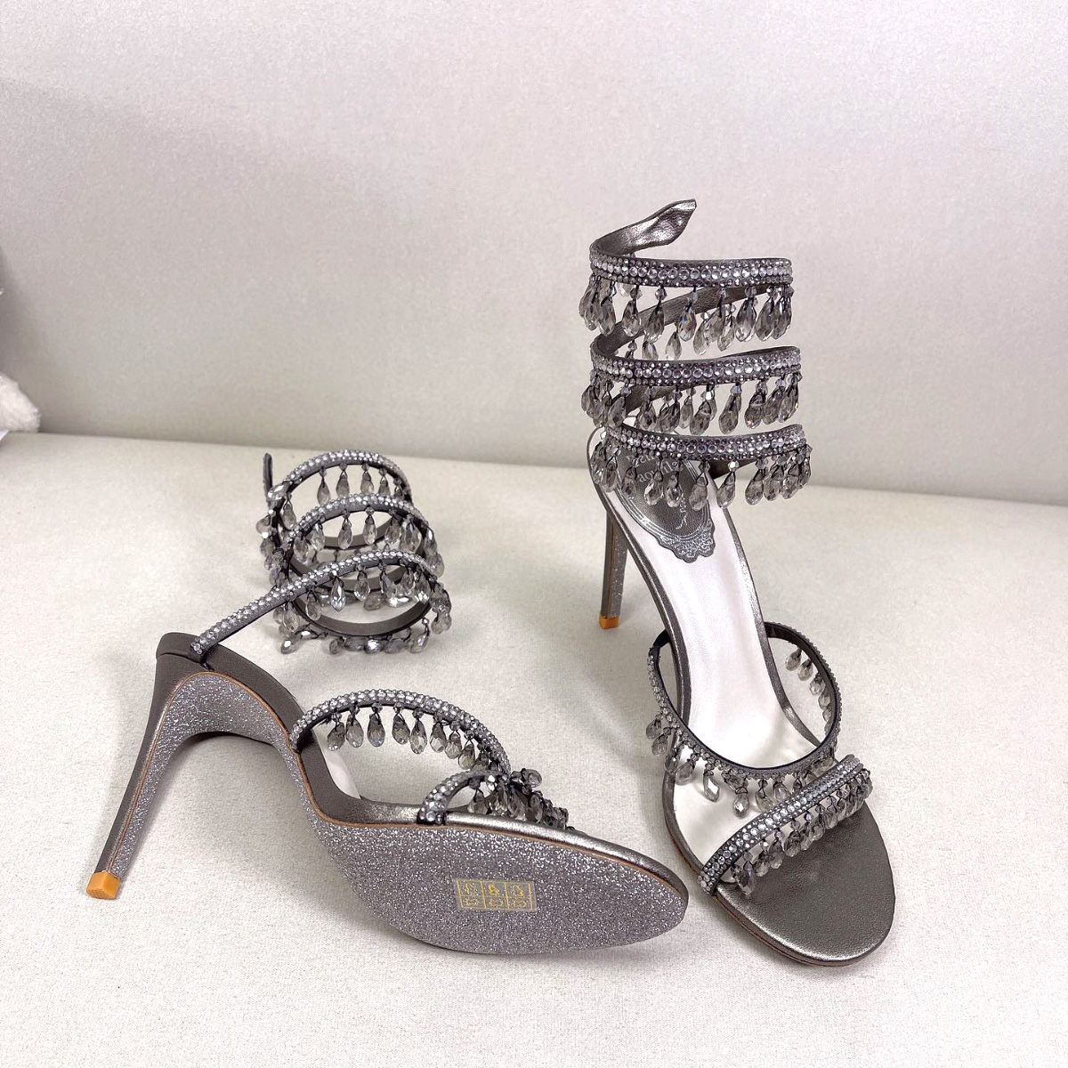 

crystal-embellished Rene caovilla Chandelier sandals leather stiletto Heels Evening shoes women heeled Luxury Designer Ankle Wraparound shoe XTEC, Dark grey