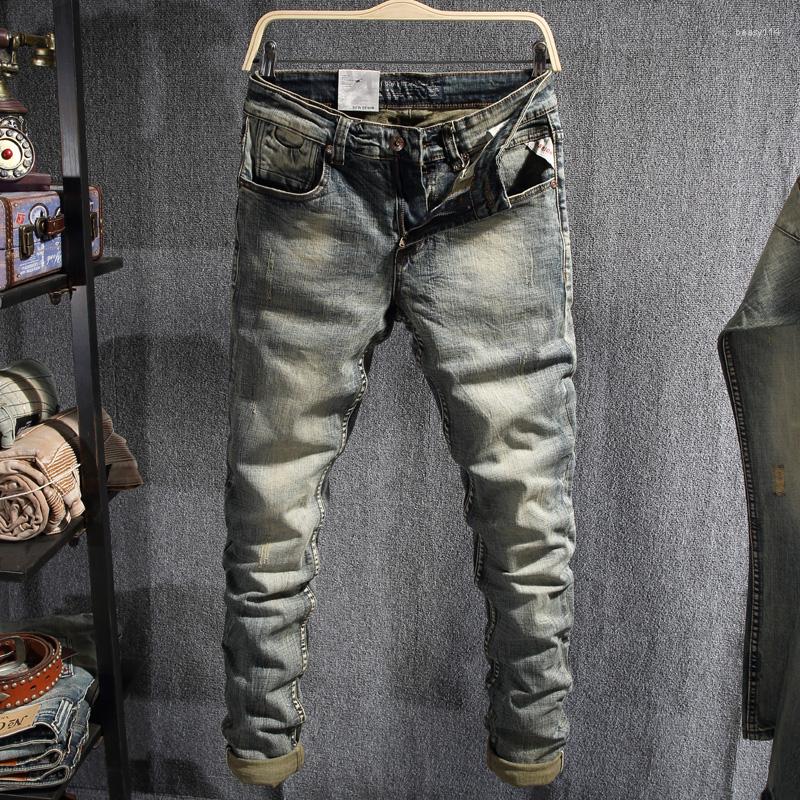 Men&#039;s Jeans European Vintage Fashion Men Elastic Cotton Slim Fit Retro Ripped Distressed Designer Casual Denim Pencil Pants-image-840531943