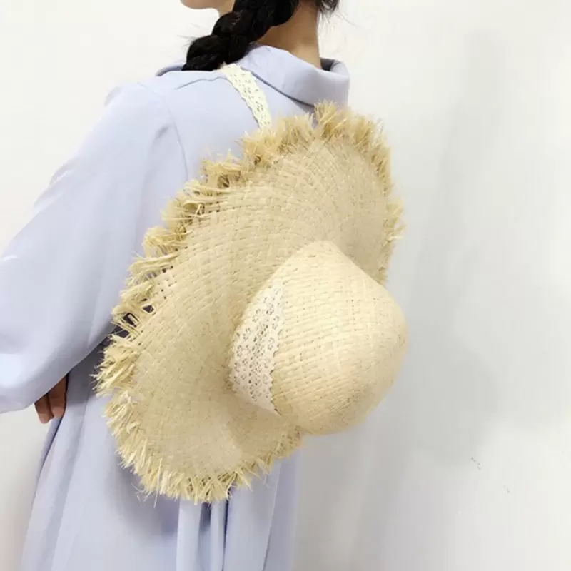 

Lace Straps Raw Edges Big Brimmed Raffia Straw Hats Wild Sun Hats Women's Vacation Beach Hats Summer Tide
