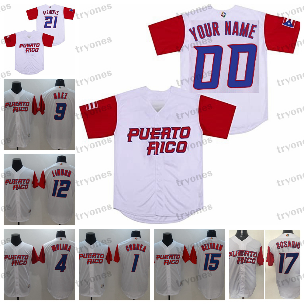 

Puerto Rico Classic World Baseball Jerseys Custom PR Javier Baez 17 Eddie Rosario Carlos Correa 12 Francisco Lindor Yadier Molina 21 Roberto Clemente Carlos Beltran, White1
