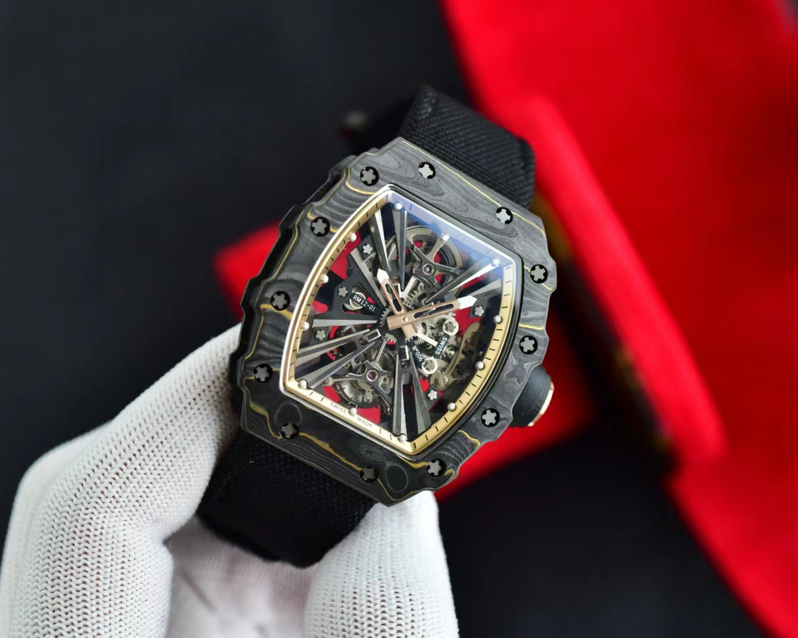 

Sport hollow out streamlined watch RM12-01 NTPT Tourbillon manual chain movement size about 51x42x15mm sapphire mirror, As shown