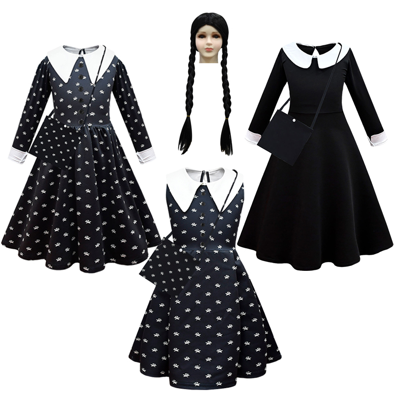

Girls Dresses Fashion Kids Movie Wednesday Addams Cosplay Princess Dress and Wig Bag Set Girl Halloween Costume Carnival Gothic Black Clothes 230210