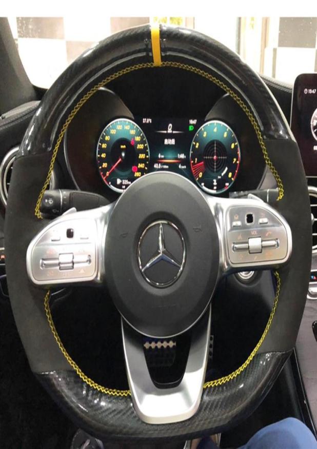 

Fashion 5D Carbon FiberSuede Leather Yellow Marker Steering Wheel Hand Sewing Wrap Cover Fit for MercedesBenz AClass W177 20184944348