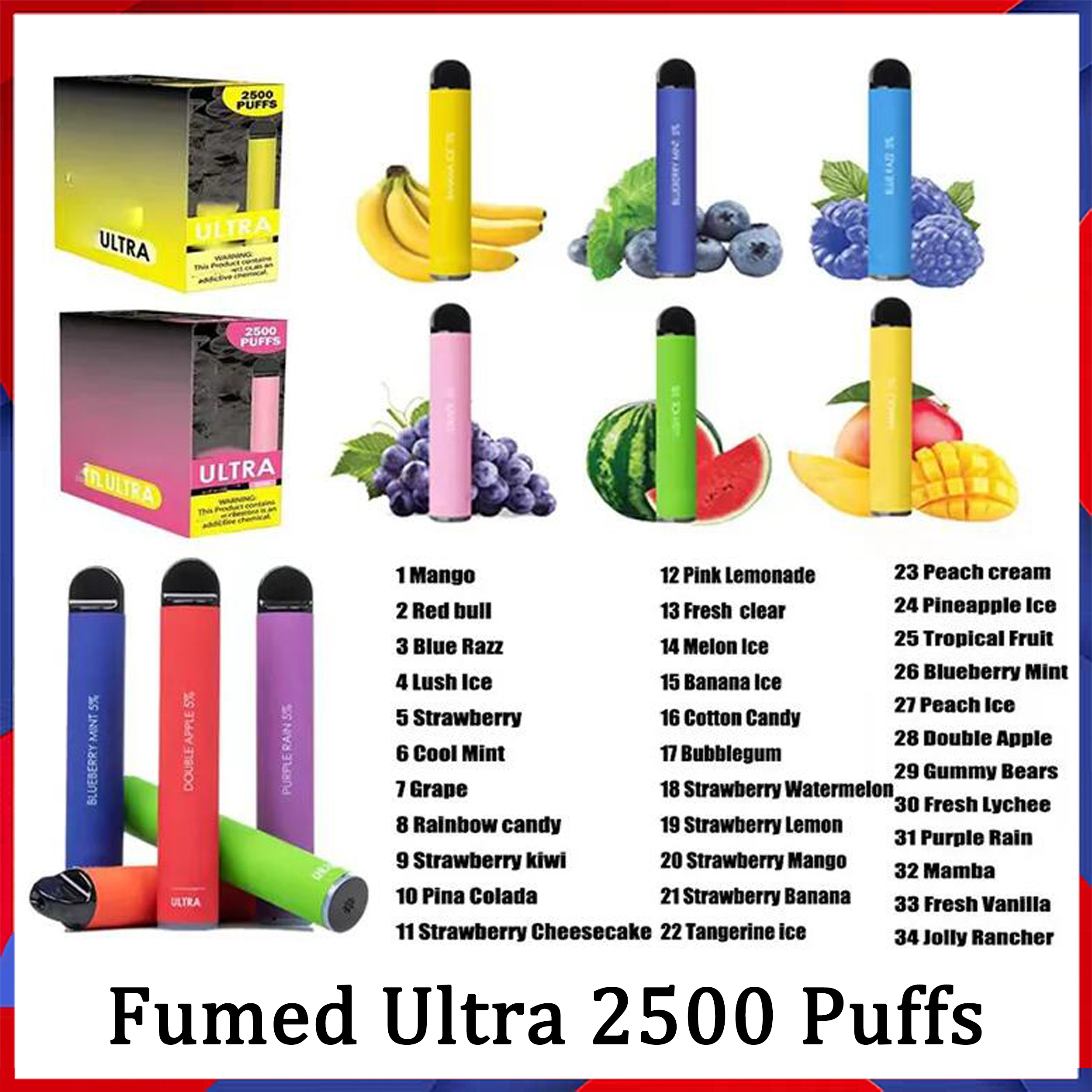 

Fumed Ultra 2500 Puffs Disposable cigarette Vape Device 850mah Battery 9ml Cartridge Starter Kit Vs Infinity Fumed 34 Flavors Pick Out