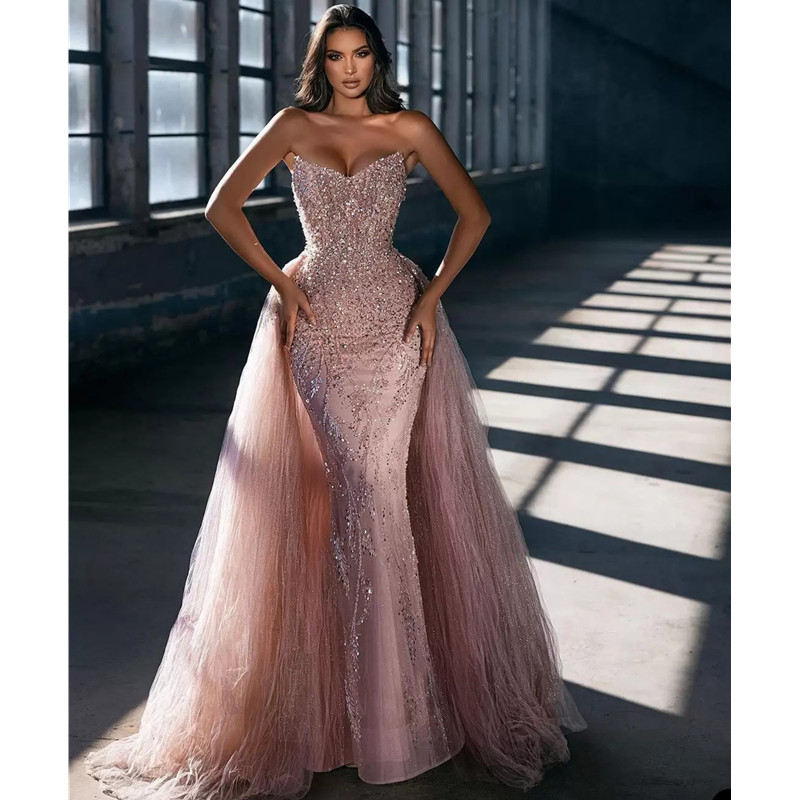 Rose Gold Club Skinny Mermaid Wedding Dresses Bandeau Sequins Beaded Sexy Detachable Trailing Lace Satin Floor Length Custom Made Plus Size Ball-image-840568815