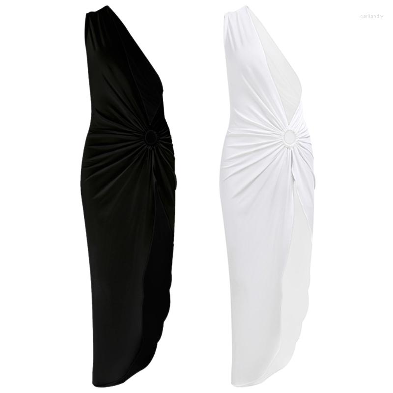 

Women' Swimwear H58D Womens One Shoulder Cut Out Sleeveless Ring-Split Side Beach-Cover Up, White
