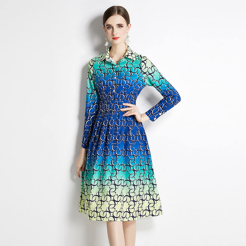 

2023 Classic Lapel Casual Shirt Dress Long Sleeve Women Fashion Yellow High Waist Print Pleated Dresses Spring Autumn Office Ladies Fine Elegant Slim A-Line Frocks, 15