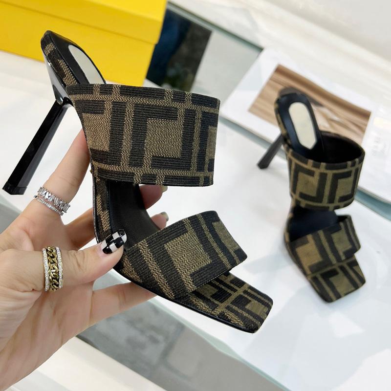 

heeled slippers F V Stiletto women sandal mules heels open toes slip on slides leather outsole sandals Luxury Designer 9.5CM heel womens shoes slipper, Medusa decor(9.5)