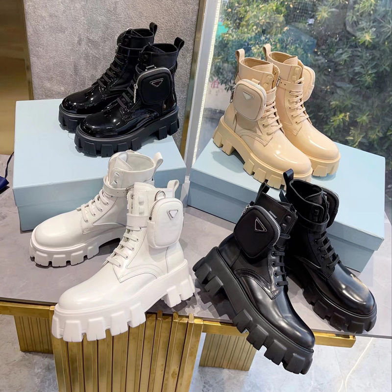 

Boots Platform ankle boots Women shoes Real leather designer Chunky heels shoes ankle boot EU 35-42 Glossy leather Knee Boots Motorcycle boots with bags military
