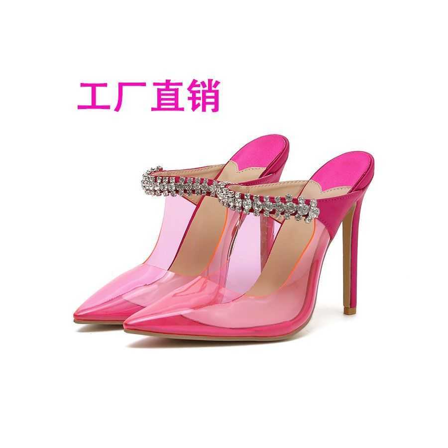 

Sandals 2022 summer new pointy high-heeled shoes transparent rhinestone powder sexy fashion one-word with thin heel sandals female, Rose red 7cm