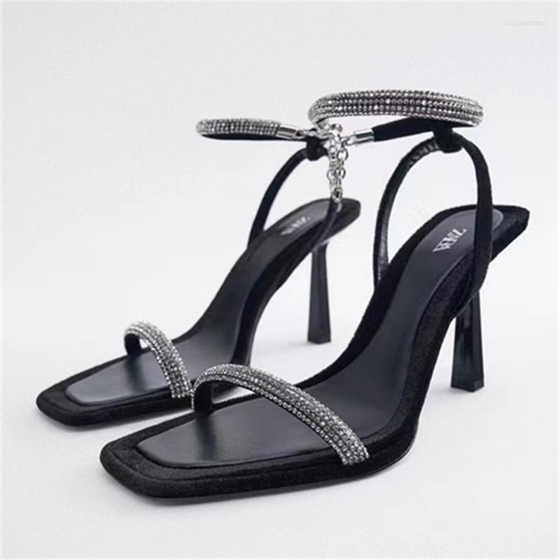 

Sandals 117608 Black Temperament Slim Heel Women's Shoes Square Open Toe Rhinestones Fashion Large High