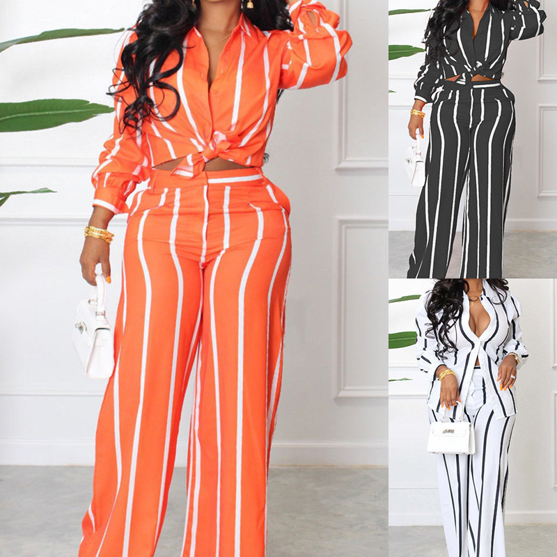 Women's Tracksuits 2023 Spring and Summer Temperament Stripe Long Sleeve Lace up Shirt Pants Set 230209