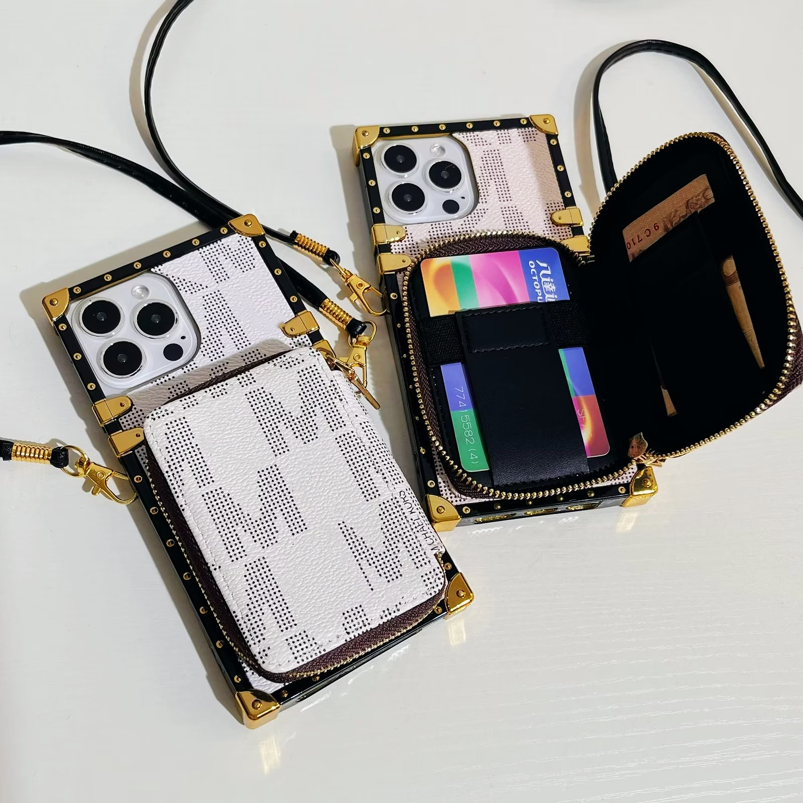 

Designer Zipper Wallet Cases for iphone 14 Pro Max 14 12 Mini 11 XS XR X 8 7 Plus Coin Bag K Card Holder Cosmetic Kickstand Leather Square Back Cover with Lanyard, Black [m;k] letter logo